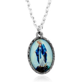 Our Lady of Grace Necklace | Colored Medal Charm Pendant | Holy Spirit on Back | Elegant and Small Christian Jewelry, Metal Glass