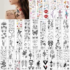 Yazhiji 60 Sheets Tiny Waterproof Temporary Tattoos, Moon Stars Constellations Music Compass Anchor Words Lines Flowers for Kids Adults Men and Women