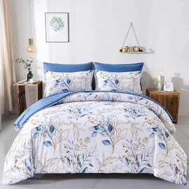 WONGS BEDDING 7 Pieces Blue Floral Bed in a Bag King, Botanical Comforter Set Reversible Blue Gold Leaves Bedding Set King (1 Comforter,2 Pillowcase,2 Pillow Shams,1 Flat Sheet,1 Fitted Sheet)