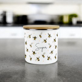 Purely Home Scattered Bees Sugar Canister - White Metal Enamel Kitchen Medium Sized Food Storage Container