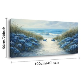 LASMOND Romantic Beach Wall Art for Living Room Blue Sea Turtle Lovers Canvas Painting Prints Ocean Sandy Romance Flowers Large Bedroom Office Decor Artwork (40x20 Inches)