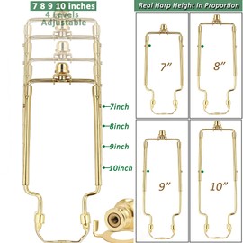 7 8 9 10 inch Lamp Shade Harp Holder,Gold Lamp Harp Kit,Fit both Standard Lamp Rod and E26 Light Base UNO Fitter Adapter,with 2 Shade Attaching Finial Top (Golden Color - 1 Set)