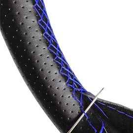 AUTOZOCO Steering Wheel Cover with Needle and Thread - Steering Wheel Cover for Sewing Diameter 37/38 cm - Tyre Cover - Non-Slip - Robust - Black Cover with Blue Thread