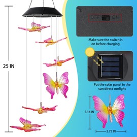MorTime 25" LED Solar Wind Chime, Color Changing Solar Butterfly Wind Chimes Mobile Hanging Wind Chime for OutsideHome Garden Decoration