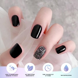 OAUEE Semi Cured Gel Nail Strips | 20 Gel Nail Stickers | Gel Nail Stickers with UV Light Required | Salon Quality, Easy Application and Removal（Black Sparkle）