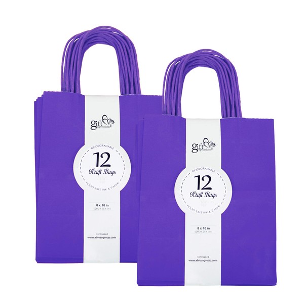 24CT Medium Purple Biodegradable, Food Safe Ink & Paper, Premium Quality Paper (Sturdy & Thicker), Kraft Bag with Colored Sturdy Handles (Medium, Purple)