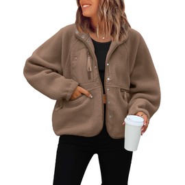 ReachMe Womens Sherpa Jacket Casual Lapel Button Down Cropped Fuzzy Fleece Jackets Long Sleeve Winter Coats with Pockets(4 Coffee,M)
