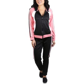 ToBeInStyle Women's Velour Tracksuit Zip-Up Hooded Jacket and Matching Pants, Striped Moisture-wicking Neoprene - Coral, 2X