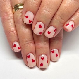 Vopintpy Valentine's Day Red Love Heart Press on Nails Short Square Glossy Fake Nails Artificial Acrylic Glue on Nails Reusable Full Cover Stick on Nails for Women DIY Valentines Manicure
