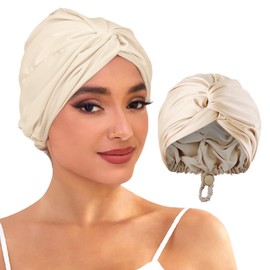 GLISSELLE Adjustable Silk Satin Sleep Bonnet for Curly & Long Hair - Double Layer Hair Wrap Cap for Women Night Turban for Braids (Champagne Color)