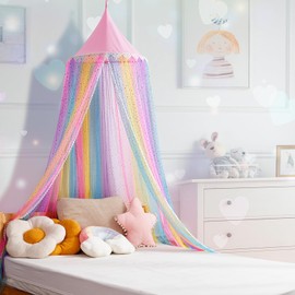 Rainbow Bed Canopy for Girls,Shiny Kids Princess Round Dome Bed Curtain with Love Heart Glitter,Kids Crib Canopy Play Tent Canopy Dreamy Bed Netting for Girls (Rainbow Color with Love Heart Glitter)