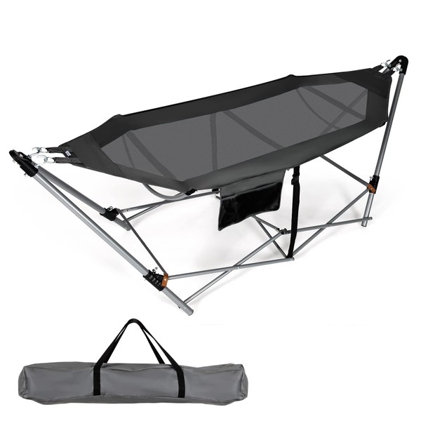 GLOBALWAY Portable Folding Hammock w/Side Pocket, Lounge Camping Bed w/Metal
