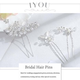 IYOU Crystal Wedding Hair Pins Silver Flower Hairpieces Community Bridal Hair Accessories for Women (Pack of 3)