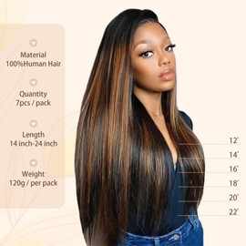 KIMSMTED 20 Inch Light Yaki Clip in Extensions Double Weft Clip in Hair Extensions Two Tone Natural Black to Light Auburn Yaki Clip Real Human Hair Extensions 7 Pcs 120 Grams