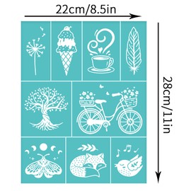 OLYCRAFT 2Pcs Self-Adhesive Silk Screen Printing Stencil Ice Cream Tree Bike Bird Fox Butterfly Mesh Transfers Silk Screen Reusable Stencil for Painting on Wood T-Shirt Fabric Bags - 11x8.5 Inch