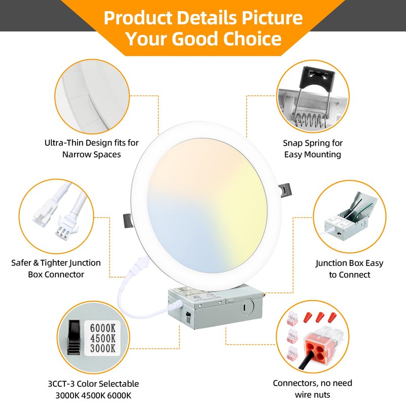 6 Pack 8 Inch LED Recessed Lighting with Junction Box