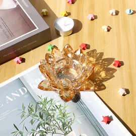 OwnMy Crystal Lotus Flower Tea Light Holder Lotus Petals Votive Candle Holder, Crystal Flower Tealight Candle Stand Candle Lamp for Wedding Table Centerpiece (Champagne Gold)
