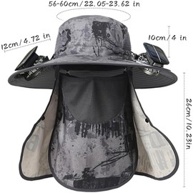 Outdoor Wide Brim Sun Hat with 2 Solar-Powered Fans, Removable Neck Cap and Face Mask - Sun Bucket Hat for Men Women, Dual USB Charging & Solar Powered Grey