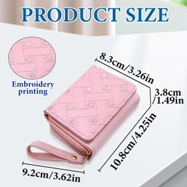 WisePoint Tri-fold Womens Wallet, PU Leather Ladies Purse Small Wallet with Heart-Shaped Embroidery, Large-Capacity Cute Wallet for ID Cards, Credit Cards, Cash (Pink)
