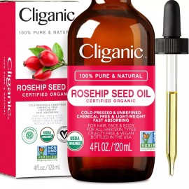 Cliganic Organic Rosehip Seed Oil, 4 fl oz (120 ml) , Cold Pressed  for Skin Hair & Nails