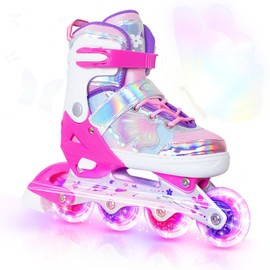 Kids Inline Skates for Girls and Boys -Rose Red Blades Roller for Kids Youth Age 7 8 9 10 - Adjustable All Light up Wheels Indoor Outdoor Sports Birthday Gift for Son and Grandson