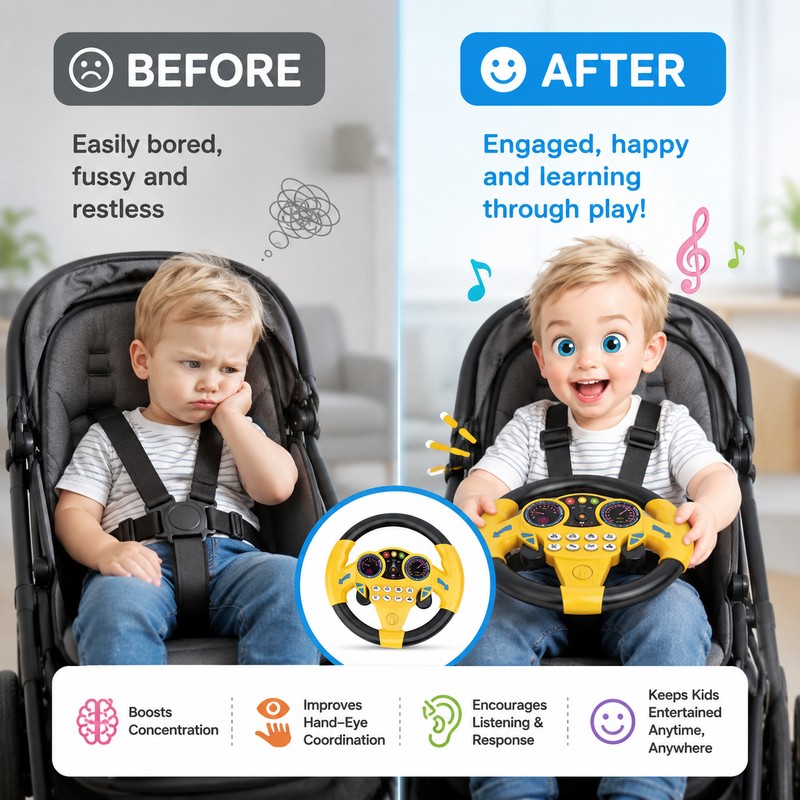 Kids Simulation Steering Wheel Toy for Pretend Play – Light