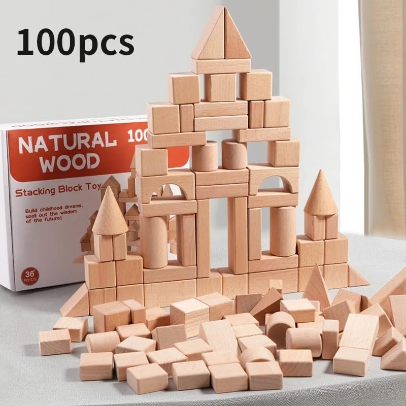 Hemasa 100pcs Natural Wood Building Blocks for Toddlers Geometric Storage