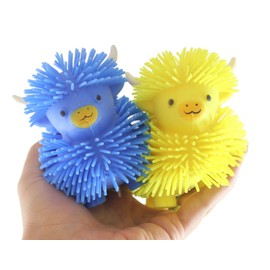 Set of 2 Puffer Highland Cow Fidget Toys - Air Filled Sensory Stress Balls Hairy Cute Long Hair Cows (Set of 2 Random Color Cows)