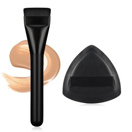 Flat Foundation Brush for Liquid Makeup, with Powder Puff Fast Flawless Flat Top Kabuki Makeup Brushes Face Cosmetics Concealer Brush for Liquid, Blending, Powder, Blush,【 Black】
