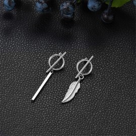 Flongo Women's Asymmetric Earrings Hoop Earrings in Silver Black Gold Stud with Hanging Chains Pendant for Women, Stainless Steel Silver