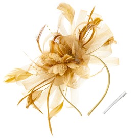 WATAME Fascinators for Women High Tea Headwear Flower Fascinator Hats Mesh Kentucky Derby Hats Girls Headband and Clip (CA/US, Alpha, One Size, Gold)