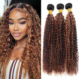 BilltiiWW Highlight Curly Bundles Human Hair P430 Curly Bundles Brown and Light Brown two tone Brazilian Human Hair Soft and Silky for Black Women 14 16 18 Inch