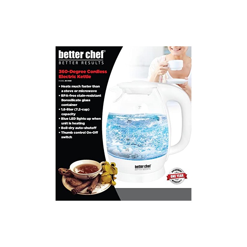 Better Chef Cordless Electric Glass Kettle | 7-Cup Borosilicate Glass