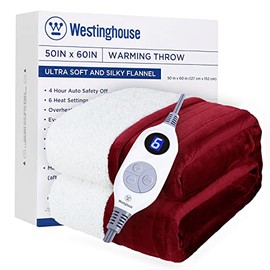 Westinghouse Electric Blanket Heated | 6 Heating Levels & 4 Hours Auto Off | Flannel to Sherpa Reversible 50x60 | Machine Washable, Red