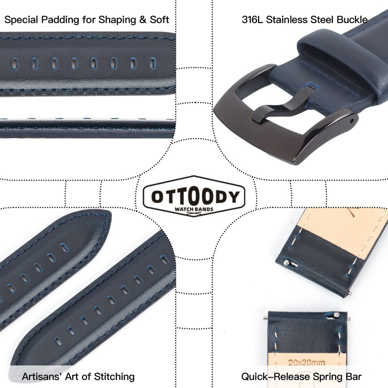 Ottoody Genuine Leather Replacement Watch Band, 0.71, 0.75, 0.79, 0.83,