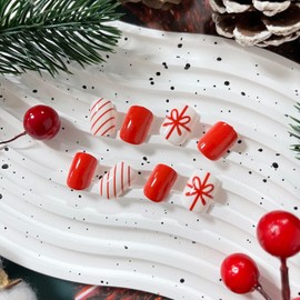 Christmas Press on Nails Short Square Fake Nails with Red Bow Red Stripe Designs Winter Christmas Full Cover Acrylic Glossy Nails Glue on Nails for Women 24Pcs