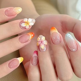 FNKFNK French Tip Press on Nails Medium Almond Fake Nails with Tropical Flowers Design Glossy Colorful Gradient French Full Cover Glue on Nails Reusable Hawaii Summer Stick on Nails for Women 24Pcs