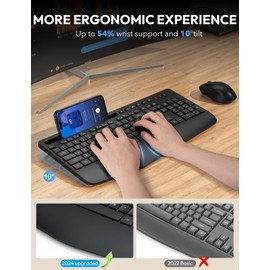 Wireless Keyboard and Mouse, Wrist Rest, Phone Holder, Batteries Included, 2.4G Lag-Free Ergonomic Keyboards Mouse Combo, Silent Keyboard Cordless Set for Computer, Laptop, PC, Mac, Windows -SABLUTE