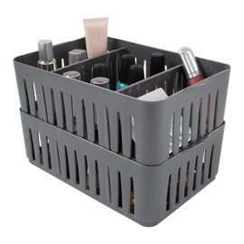 Simplify 3 Compartment Stackable Bin with Adjustable Dividers, Drawer Organizer, Storage Basket, Good for Office, Desk Supplies, Dorm, Bathroom, Accessories, Make Up, Grey