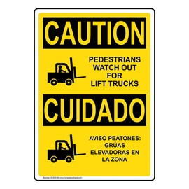 ComplianceSigns.com Caution Pedestrians Watch Out for Lift Trucks English + Spanish OSHA Safety Label Decal with Symbol, 14x10 in. Vinyl for Machinery