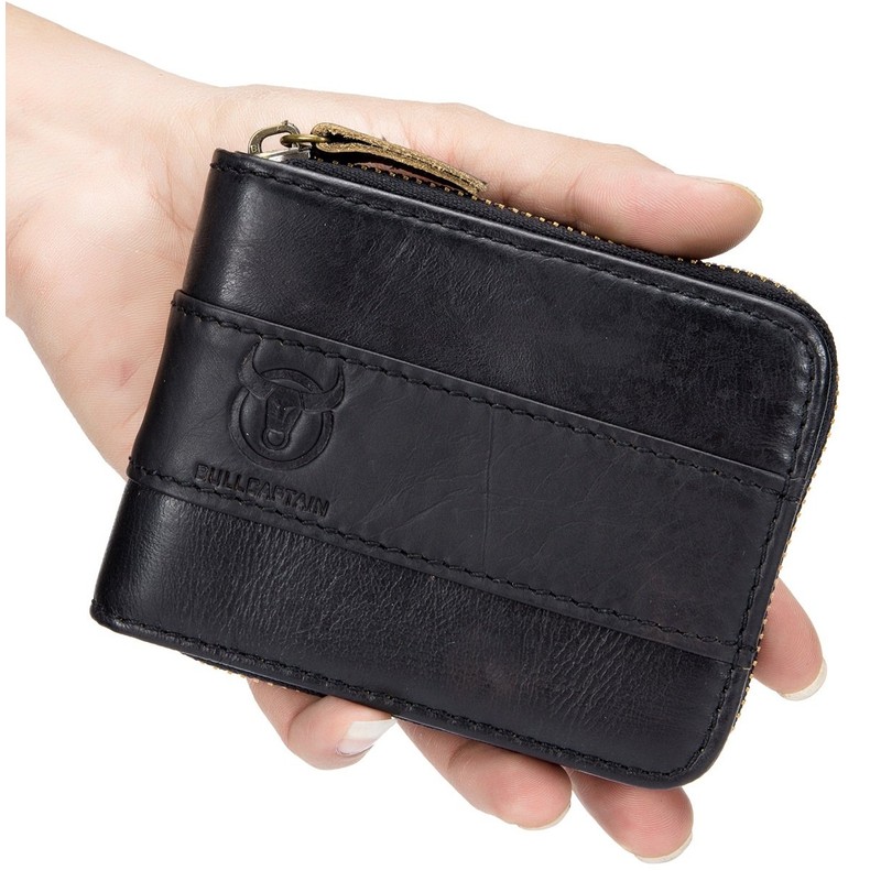 BULLCAPTAIN Mens Leather Wallet Zipper RFID Blocking Wallets Coins Purse