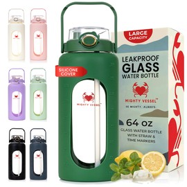 MIGHTY VESSEL 64oz Glass Water Bottle | Green Water Bottle with Straw & Time Marker | Half Gallon Water Bottle with Measurements & Silicone Sleeve | Suitable for Travel, Gym, Sports & Daily Intake