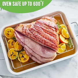 GreenLife 16.5” x 12” Healthy Ceramic Nonstick Roasting Pan with Stainless Steel Roaster Rack, PFAS-Free, PFOA-Free, Dishwasher Safe, Oven Safe, Easy Pouring Rims, Turquoise