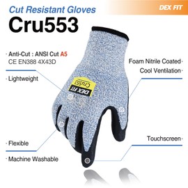 DEX FIT Level 5 Cut Resistant Gloves Cru553, 3D Comfort Stretch Fit, Power Grip, Durable Foam Nitrile, Smart Touch, Machine Washable, Thin & Lightweight, Blue 6 (XS) 1 Pair