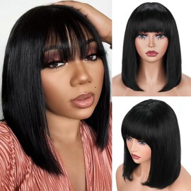 magichouse Bob Human Hair Wigs with Bangs 180% Density None Lace Front Wigs Brazilian Glueless Wear and Go Short Straight Human Hair Bob Wig with Bangs for Black Women Natural Black 12Inch