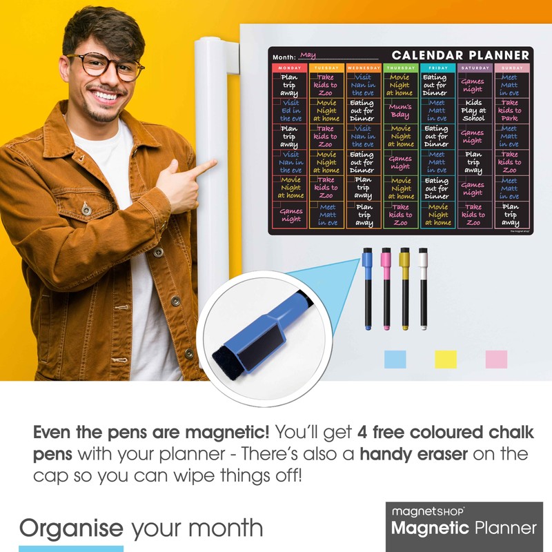 TMS Magnetic Monthly Planner and Dry Wipe Pen, Blackboard Fridge