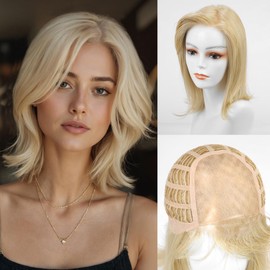 DWY Mono Top Lace Front Wig for Women,Blonde Glueless Wig for White Women,Heat Resistant Futura Synthetic Hair Classic Lob Layered Wigs with Bangs(12IN)