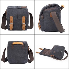 YUHAN Camera Bag, Vintage Canvas Camera Shoulder Bag Waterproof Leather Trim DSLR SLR Shockproof Camera Messenger Bag Black
