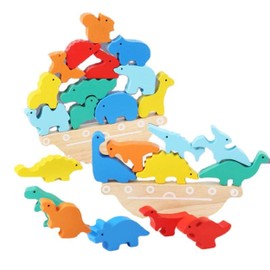 Time TO Fiesta | Bloques de Madera de Dino, Incluye 10 Dinosaurios y una Base de Madera Juguete de Equilibrio, Juego de Bloques de Dinosaurios, Juego Educativo, Juego Montessori