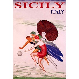 WONDERFULITEMS Sicily Italy Summer Beach Happy Women Playing Ball Sun Umbrella Travel 12" x 16" Image Size Vintage Poster repro on Matte Paper. We Have Other Sizes